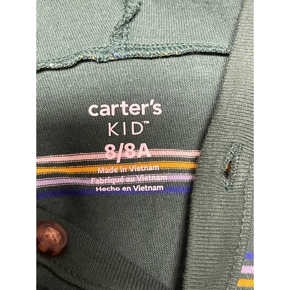 Carters Kid Boys Green Striped Hooded Henley Long Sleeve Shirt Size 8 8A Cotton